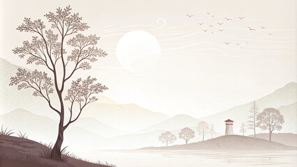Fototapeta premium A serene landscape with trees, rivers, and a clear blue sky