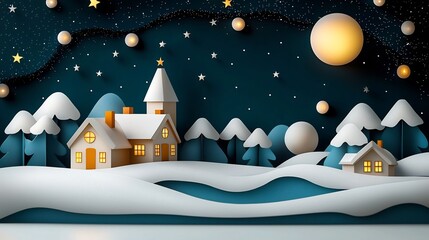 Layered papercut artwork depicting a cozy winter village scene at night with snowy rooftops glowing warm lights and a starry sky creating a magical and festive holiday atmosphere