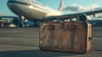 A vintage leather suitcase rests in front of an airplane at the airport embodying the spirit of travel