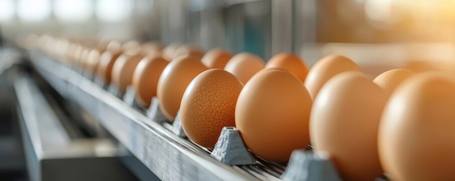 Close-up of eggs on a conveyor, modern processing plant, food industry