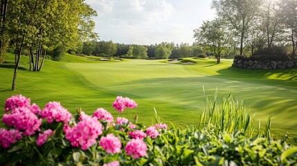 Obraz premium Golf course panorama, vibrant greenery, peaceful atmosphere, sunny day