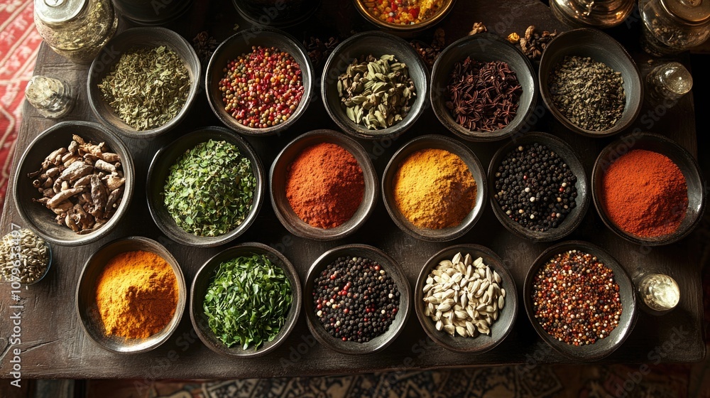 Poster an array of spices is spread across a table captured from a bird s eye perspective