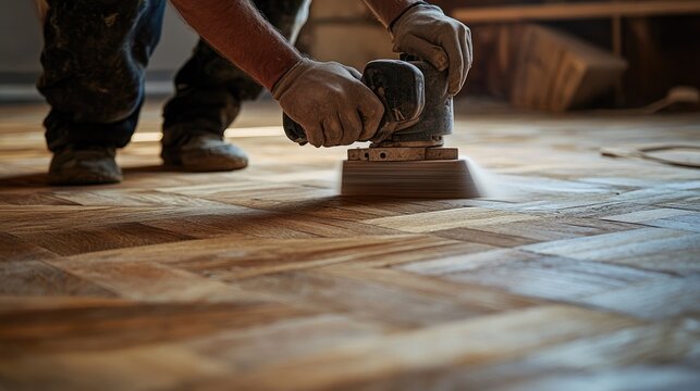 Carpenter sanding parquet using a grinding machine for a polished finish