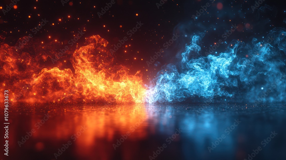 Poster abstract fire and ice clashing in a dark background with reflections.