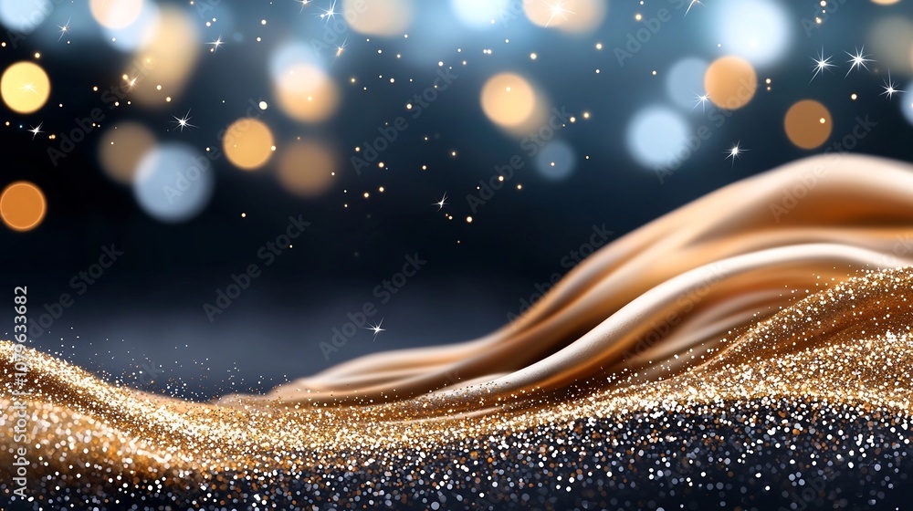 Poster mesmerizing abstract of shimmering golden glitter patterns with swirling shapes and twinkling stars 