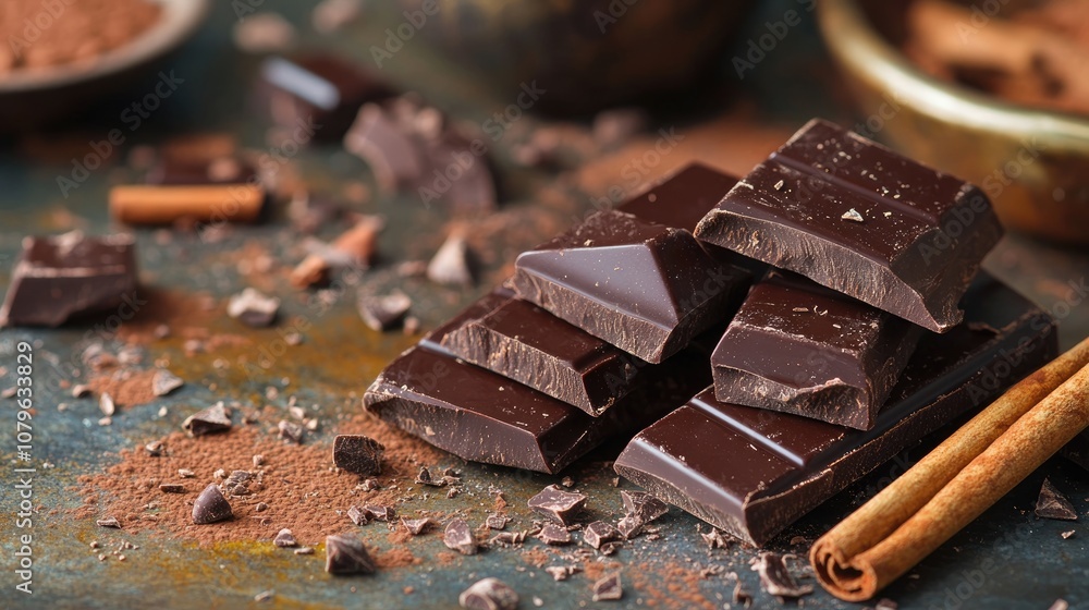 Poster assorted dark chocolate pieces with a hint of cinnamon on a textured background