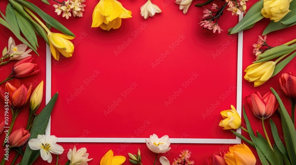 Poster red background featuring spring flowers with a frame and space for text ideal as a template for a mo