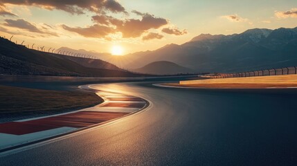 Curved racetrack against a backdrop of mountains illuminated by sunrise Ideal for motorsport and racing themes High quality image