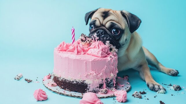 A playful pug indulges in a large messy birthday cake with chocolate and vanilla flavors set against a pastel blue backdrop Ideal for magazines banners and advertisements