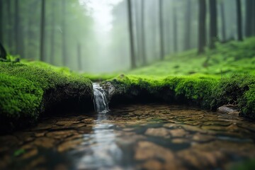 Uma pequena queda d'água cristalina brota de uma nascente, criando um cenário mágico e tranquilo no meio da natureza