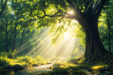 Raios de sol iluminam um lago sereno, cercado por uma floresta exuberante. A cena bucólica, com vida aquática e vegetação vibrante, evoca a magia da natureza