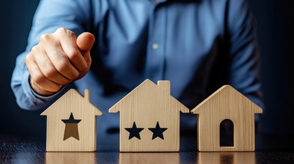 Outstanding service highlighted by a businessman showcasing a 5 star rating alongside a wooden home model against a dark blue background