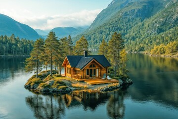 Naklejka premium Paisagem com casa isolada em uma ilha, cercada por montanhas e natureza exuberante. A imagem transmite paz e tranquilidade, perfeita para criar um ambiente relaxante e inspirador.