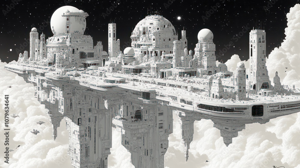 Poster futuristic floating city with intricate architecture in a cloudscape.