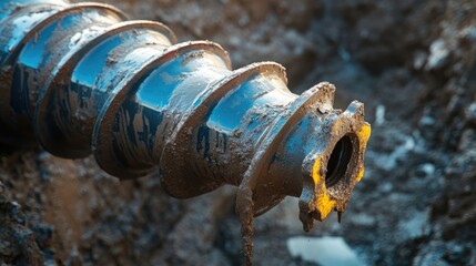 Close up view of an industrial auger used in construction and drilling operations