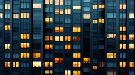 Urban building facade with illuminated windows at dusk.