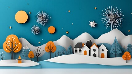 Papercut landscape depicting a snowy winter town decorated with lanterns and bursting fireworks at midnight symbolizing the collective blessings and joy of a new year