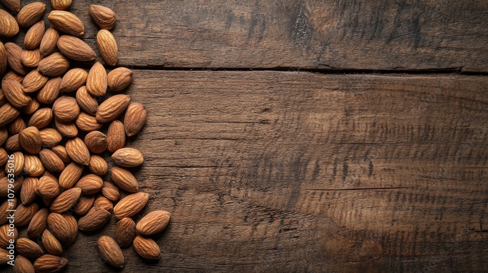 Poster almonds on a wooden surface viewed from above with ample space for text