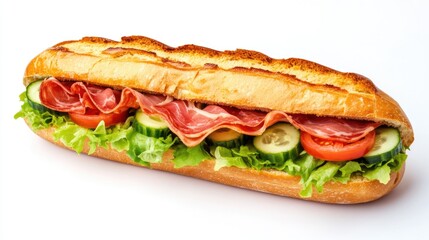 Sub sandwich made with a baguette filled with lettuce tomatoes cucumbers prosciutto ham and cheese against a white backdrop