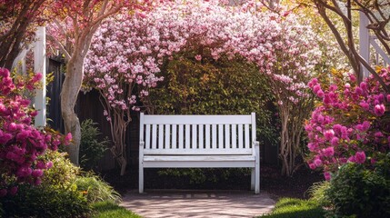 White Bench Surrounded by Vibrant Cherry Blossoms in a Peaceful Garden Setting