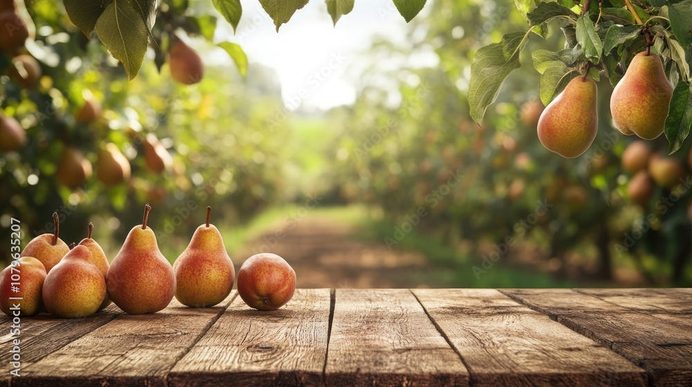 Aufkleber empty rustic wooden table with ripe fruits surrounded by an orchard of pear trees in the background 