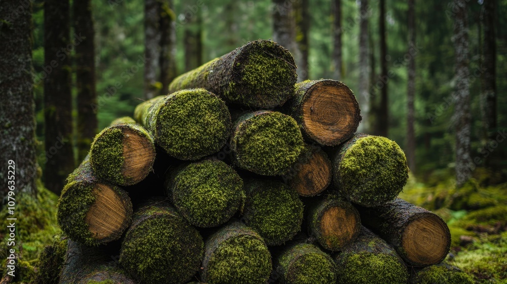 Poster moss covered logs stacked in a vibrant forest setting complemented by a soft natural light