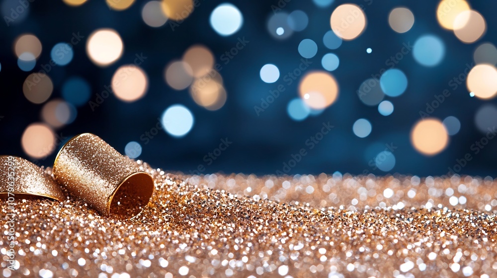 Poster photograph of a close up of golden glitter scattered on a dark background with sparkling light refle