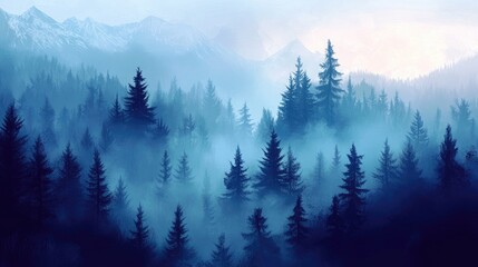 Realistic illustration of a foggy forest in the mountains during the morning evoking a mystical atmosphere