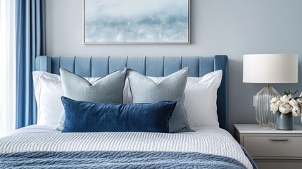 Elegant blue tones in a modern living space Plush headboard and cushions create a snug ambiance in a stylish bedroom setting