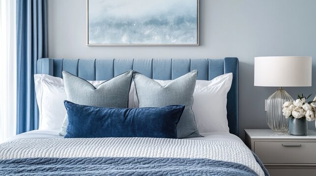 Elegant blue tones in a modern living space Plush headboard and cushions create a snug ambiance in a stylish bedroom setting