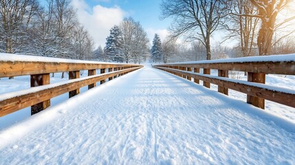 Photograph of a snow covered wooden footbridge in a tranquil winter park setting with soft lighting and a calm quiet atmosphere during the snowy season