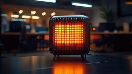 A modern electric heater with an illuminated display in an office setting.