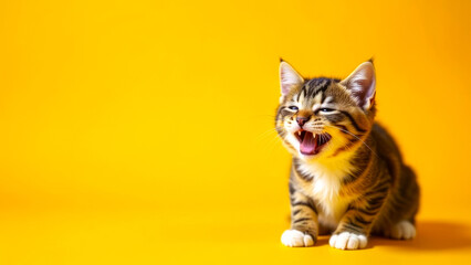 Obraz premium Funny fluffy cat on the right, Laughing cat on plain yellow background. Empty copy space, banner