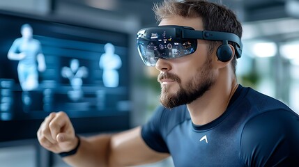 Man wearing a cutting edge virtual reality headset exploring an immersive digital environment within a futuristic technology laboratory setting