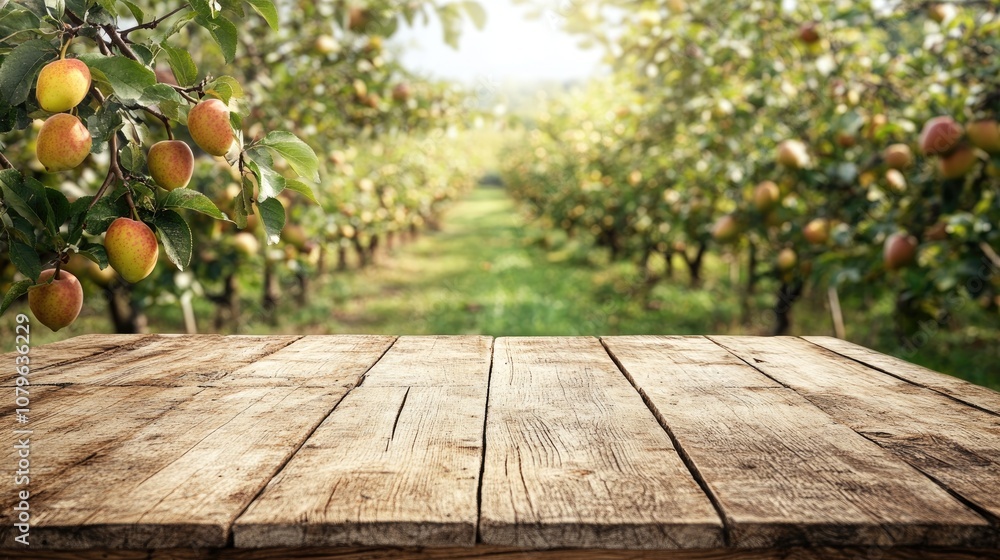 Aufkleber empty rustic wooden table with ripe fruits surrounded by an orchard of pear trees in the background 