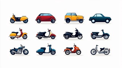 Colorful Scooters Cars Motorcycles Transportation Icons