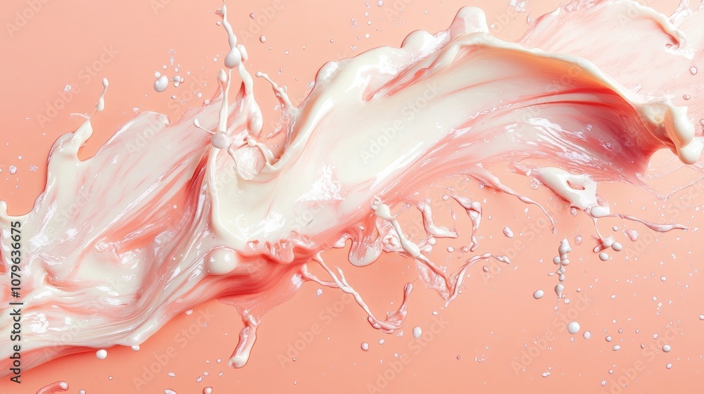 Poster creamy liquid swirl with splashes on a soft peach background conveying a dynamic sense of movement