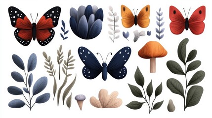 Whimsical Botanical Illustration Butterflies Flowers Leaves Mushrooms