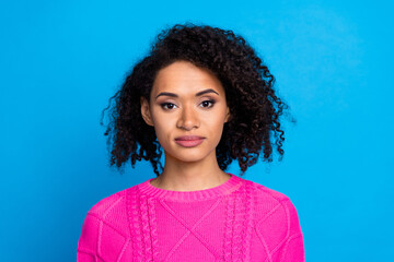 Photo of nice young girl smile wear pink sweater isolated on blue color background