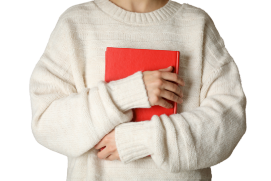 PNG, Winter cosmetics, girl holding books, isolated on white background. - Powered by Adobe