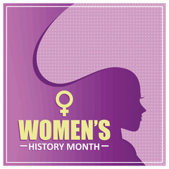 Silhouette of a woman on a purple background. An annual celebration highlighting women's contributions to various events in history. Women's History Month 2025 concept. Flat vector illustration.