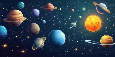 A colorful depiction of planets and stars in a cosmic scene.