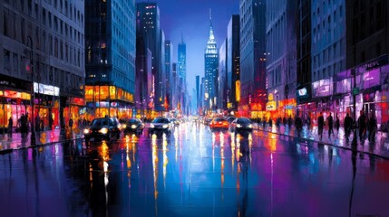 Night Cityscape Rainy Street Urban Reflections Bright Lights Modern Architecture Evening Commute