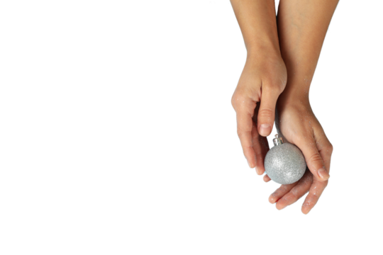 PNG, Winter cosmetics, female hands with Christmas attributes, isolated on white background.