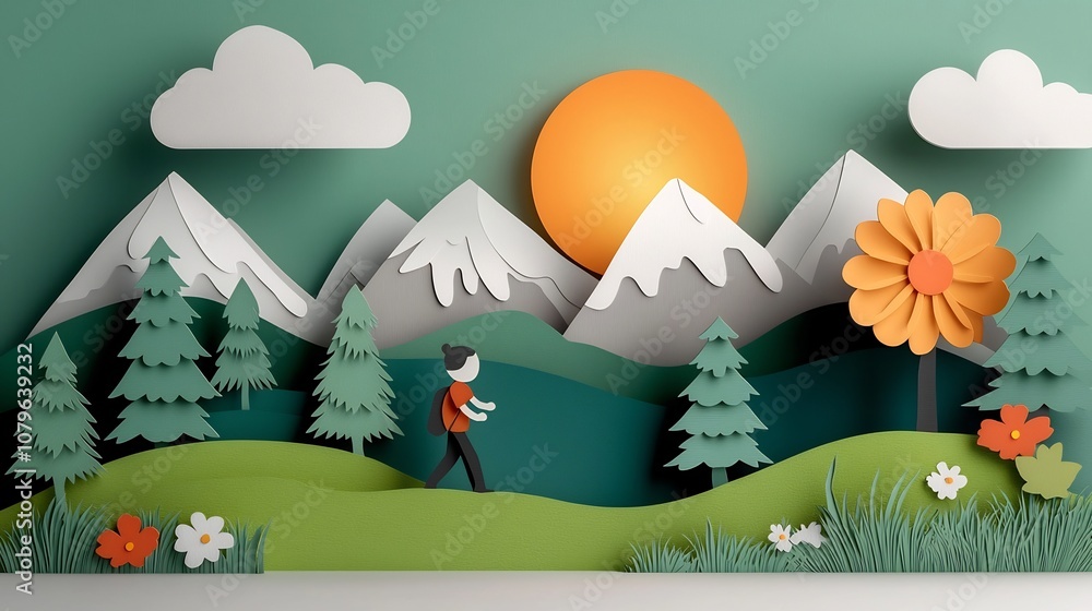 Poster tranquil paper cut scene of a person walking in a forested landscape with sunlight filtering through