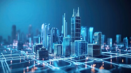 Obraz premium A futuristic cityscape with glowing buildings and interconnected lines representing technology.