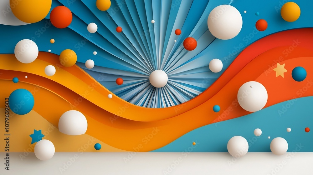 Poster vibrant abstract composition of geometric shapes lines and forms radiating outward from a central po