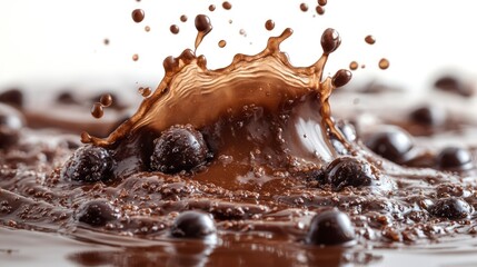 Chocolate splash with cocoa beans.