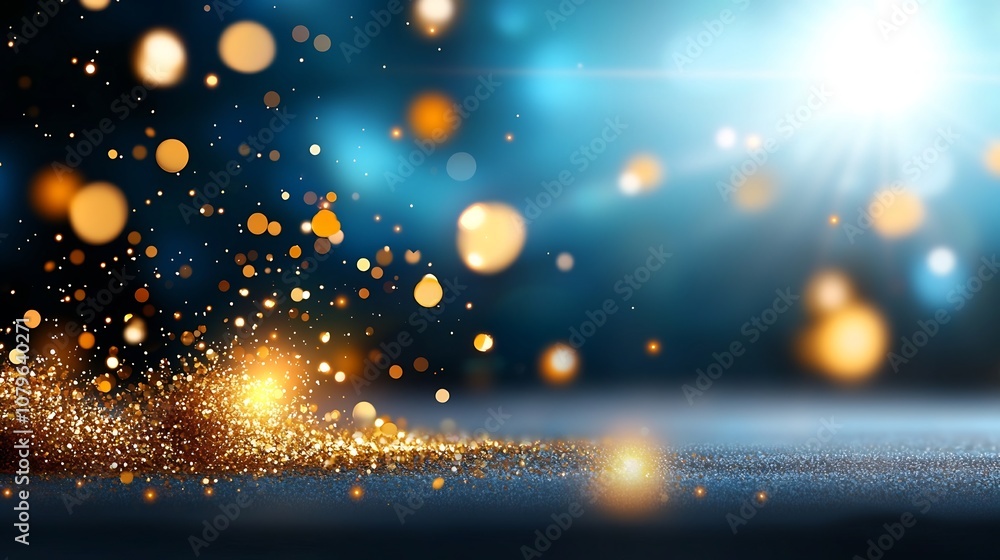 Poster vibrant golden glitter explosion with sparkling particles and light rays radiating from the center c