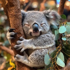 Fototapeta premium A cuddly koala bear sleeping in a tree with eucalyptus leaves.